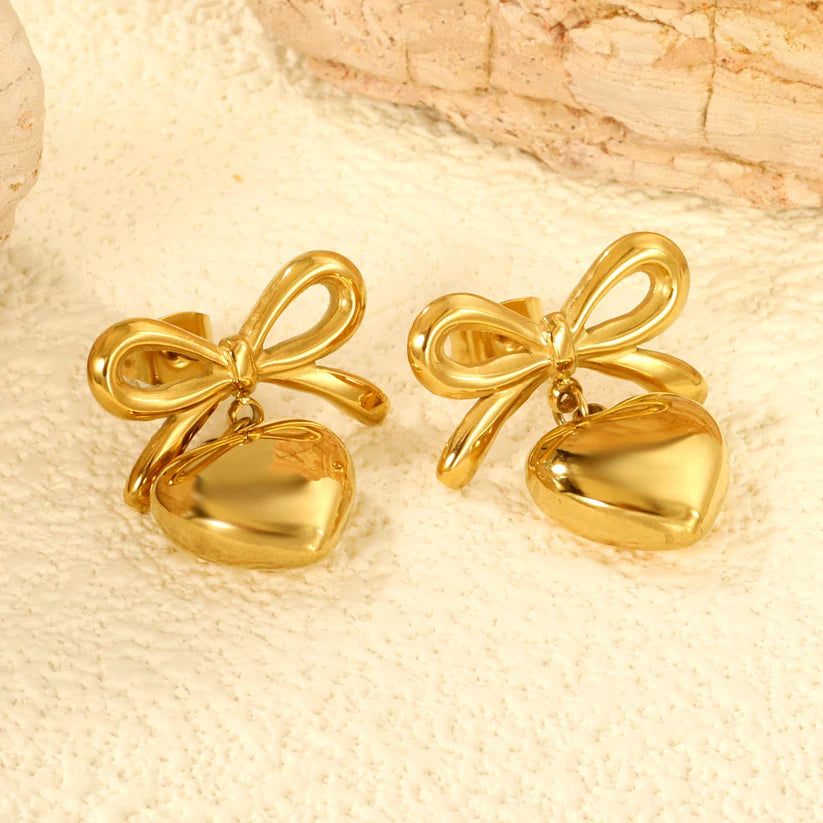 Golden Ribbon & Heart Drop Earrings 18K Gold Plated Coquette Studs