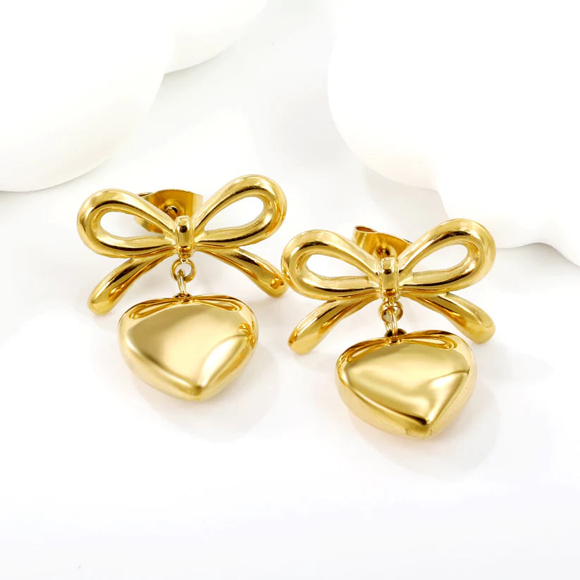 Golden Ribbon & Heart Drop Earrings 18K Gold Plated Coquette Studs
