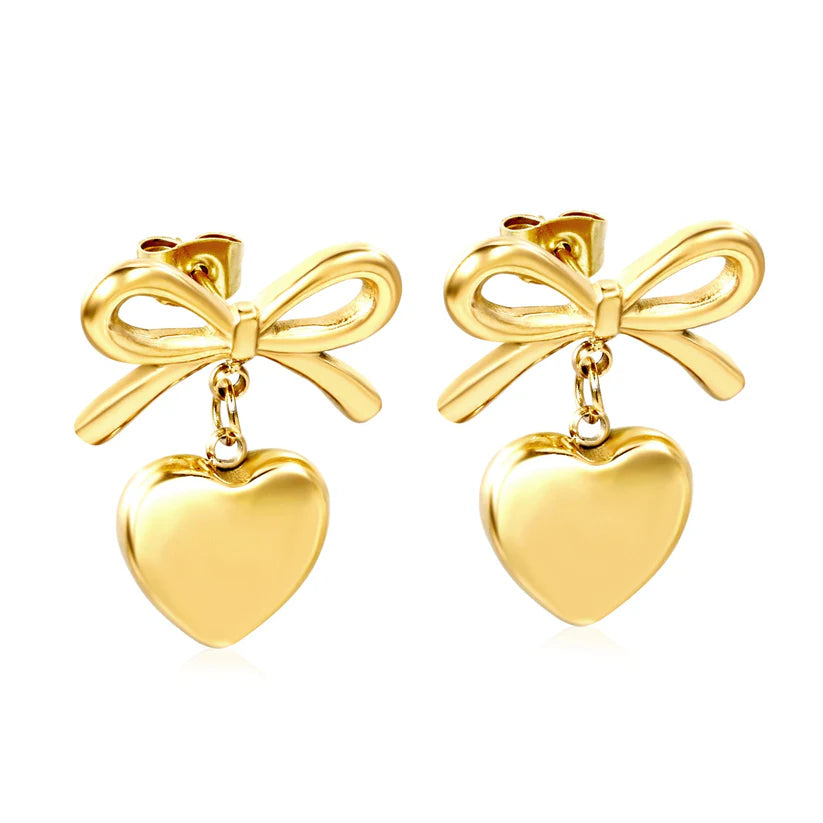Golden Ribbon & Heart Drop Earrings 18K Gold Plated Coquette Studs