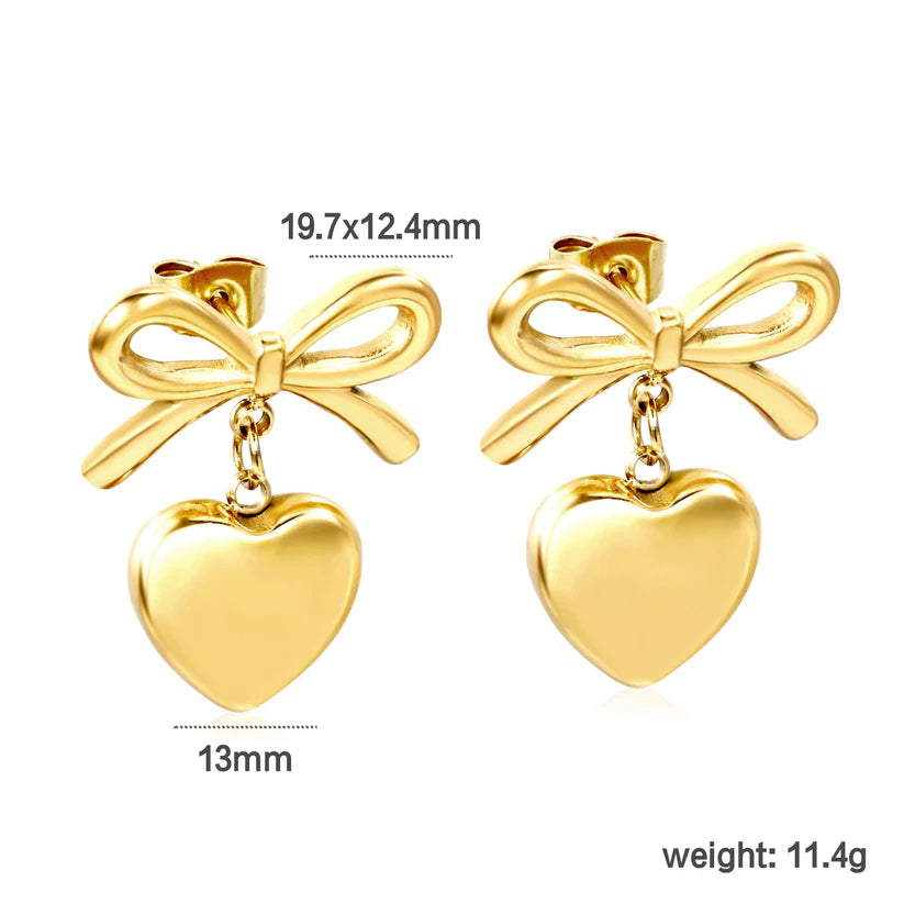 Golden Ribbon & Heart Drop Earrings 18K Gold Plated Coquette Studs
