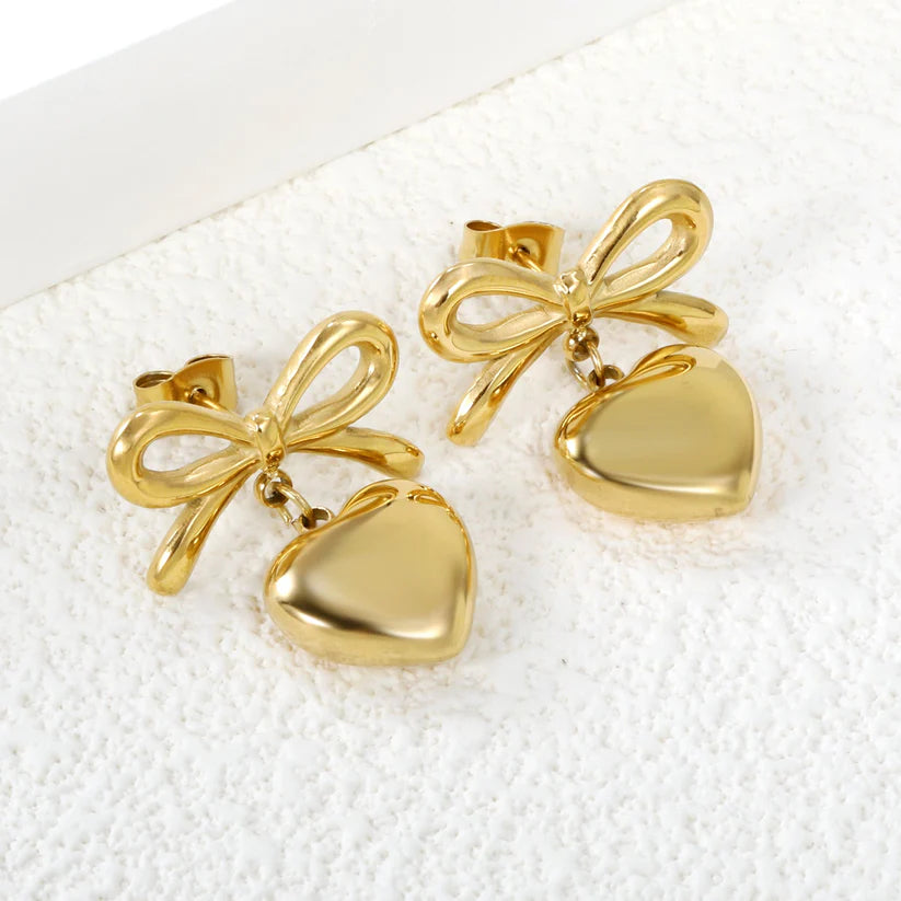 Golden Ribbon & Heart Drop Earrings 18K Gold Plated Coquette Studs