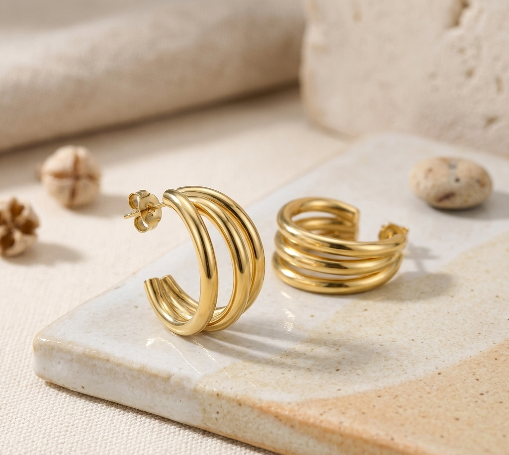 Sculpted Multi-Layer C-Hoop Earrings 18k Gold Plated