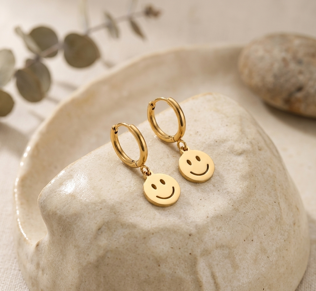 Smiley Face Huggie Hoop Earrings 18K Gold Plated