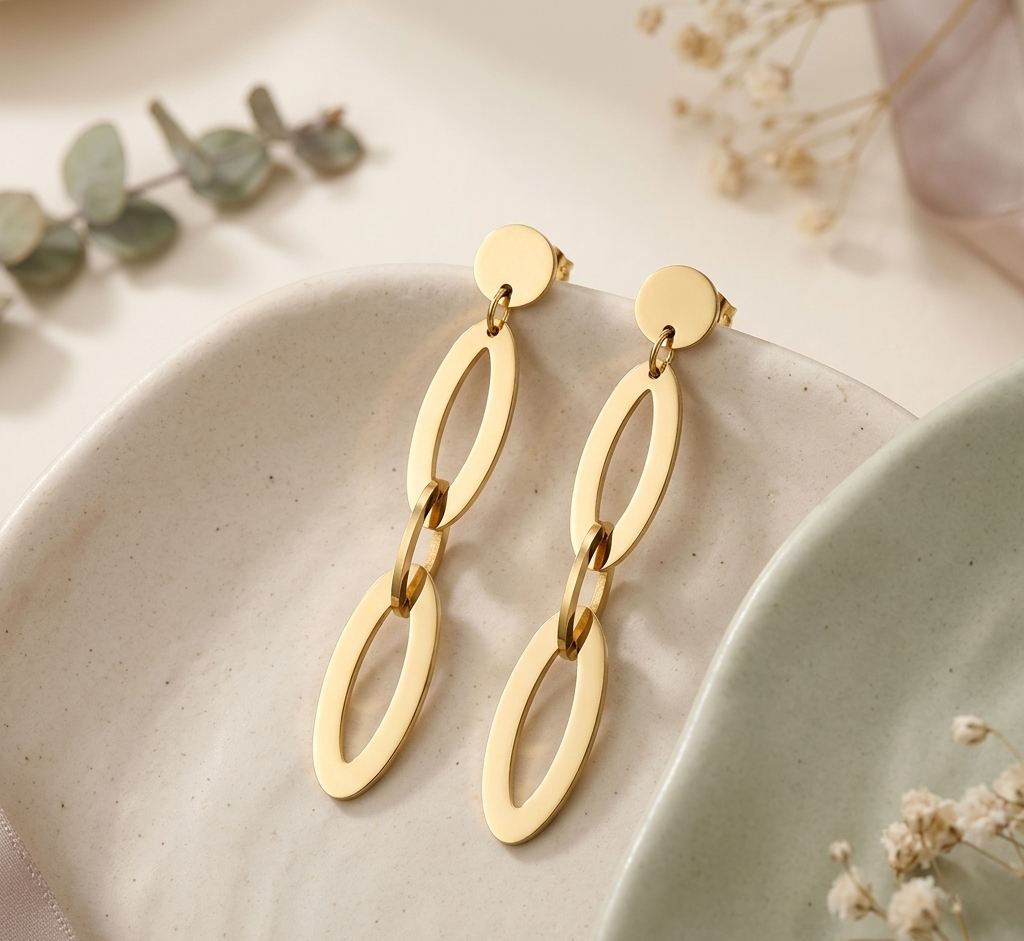 Triple Link Geometric Drop Earrings – 18K Gold Plated