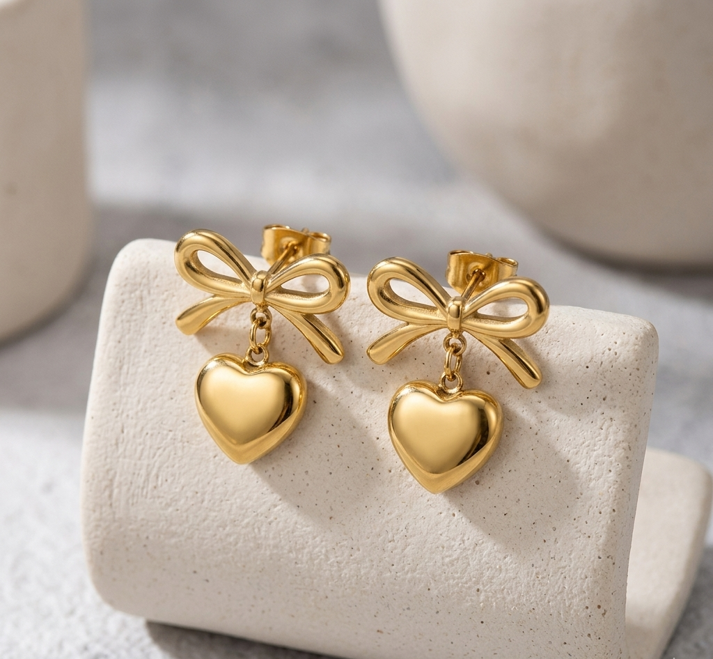 Golden Ribbon & Heart Drop Earrings 18K Gold Plated Coquette Studs