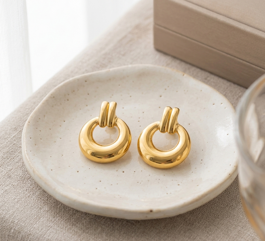 18K Gold Plated Ridged Door Knocker Earrings
