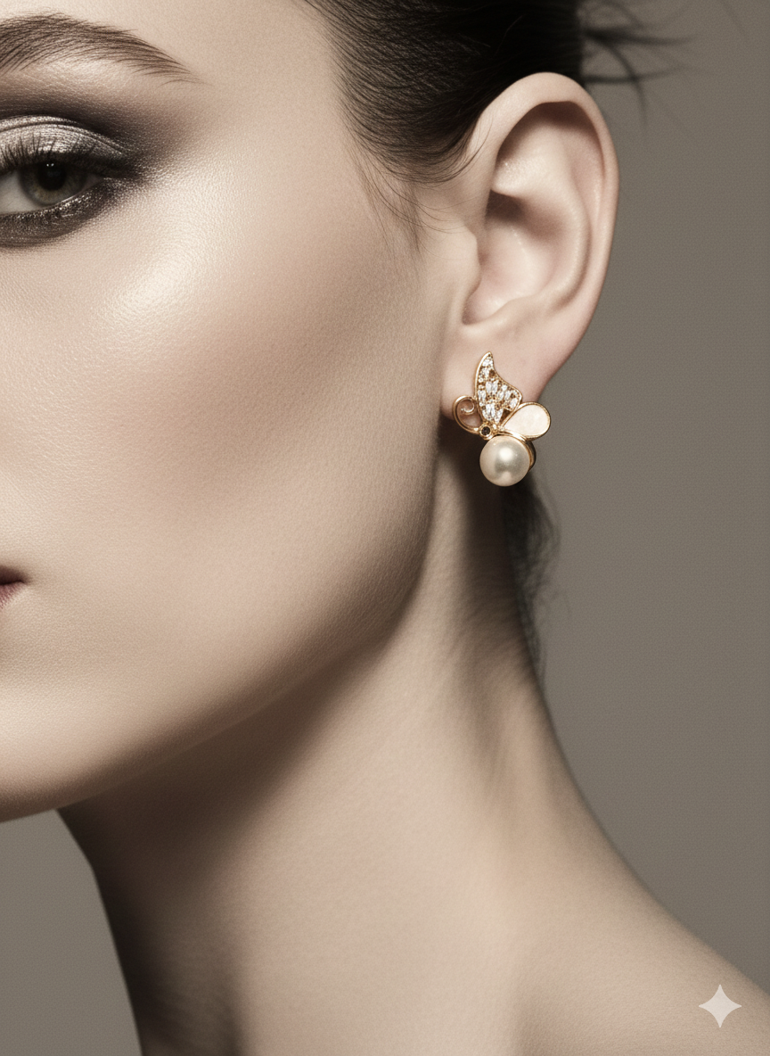 Crystal Winged Butterfly Earrings with Pearl Droplets