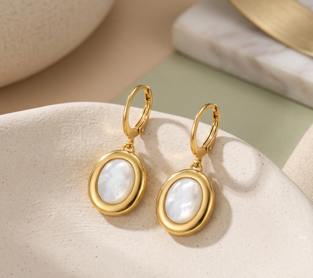 Aura Oval Mother-of-Pearl Drop Earrings in 18K Gold