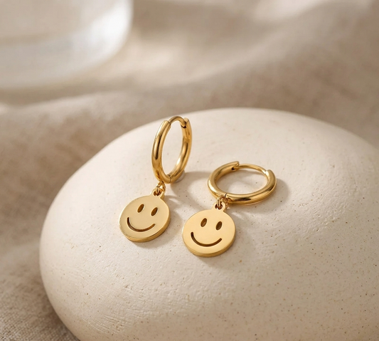 Smiley Face Huggie Hoop Earrings 18K Gold Plated