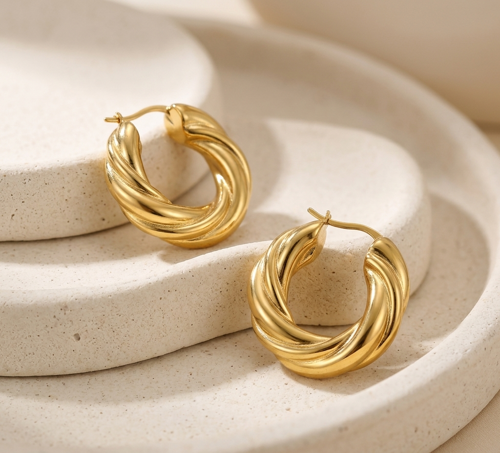 18k Gold Plated Twisted Croissant Hoop Earrings