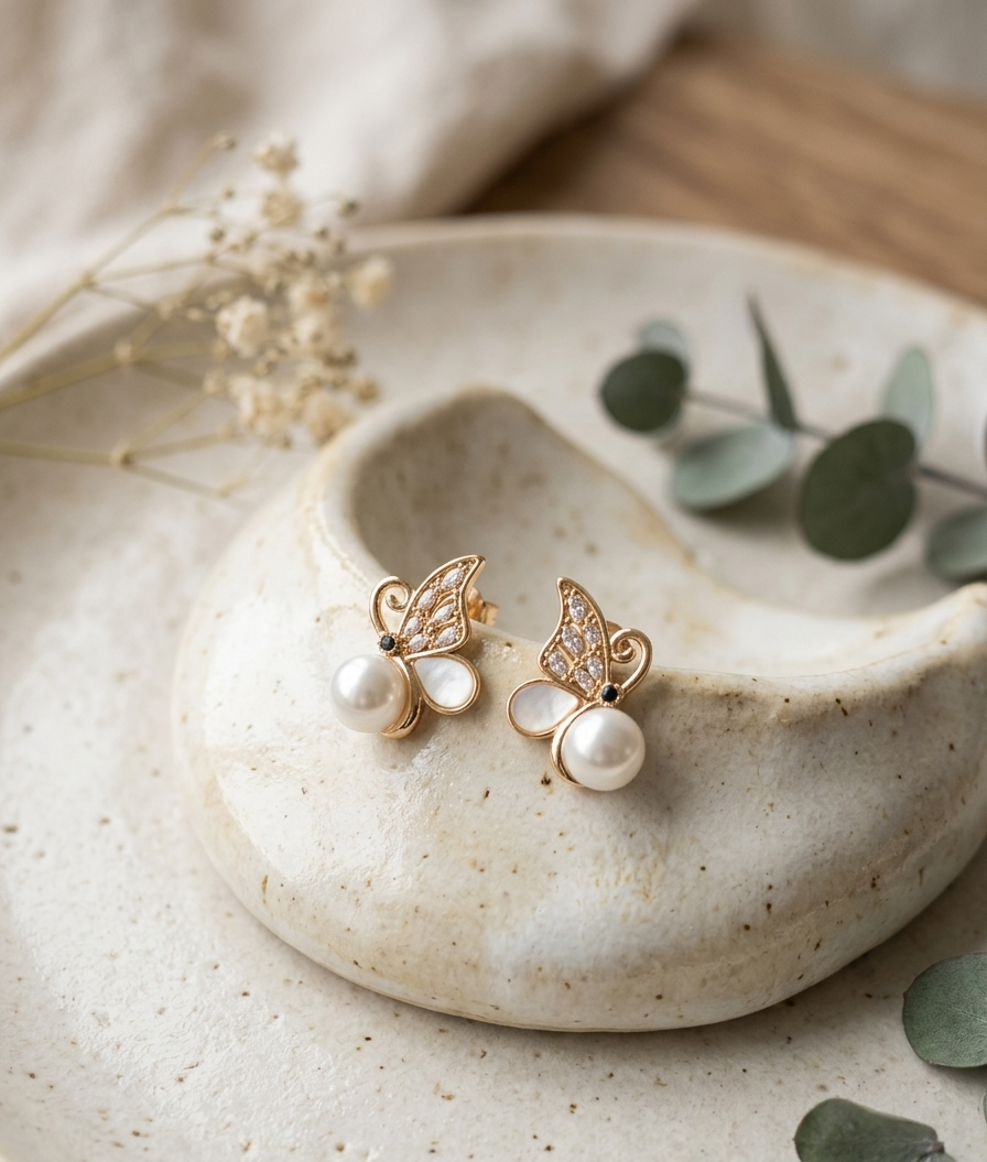 Crystal Winged Butterfly Earrings with Pearl Droplets