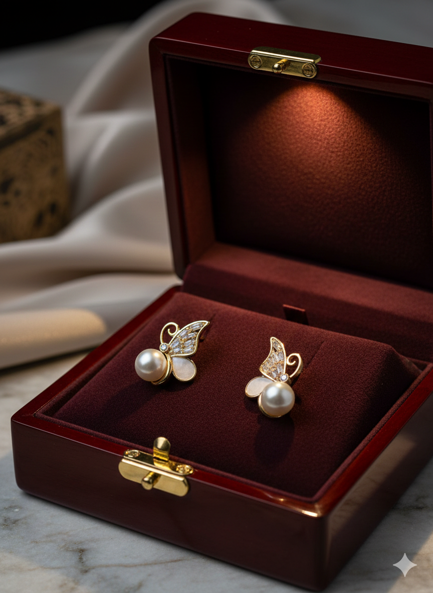 Crystal Winged Butterfly Earrings with Pearl Droplets