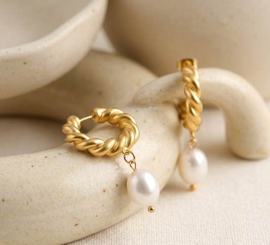 18K Gold Plated Twisted Hoop Earrings with Baroque Pearl Drop