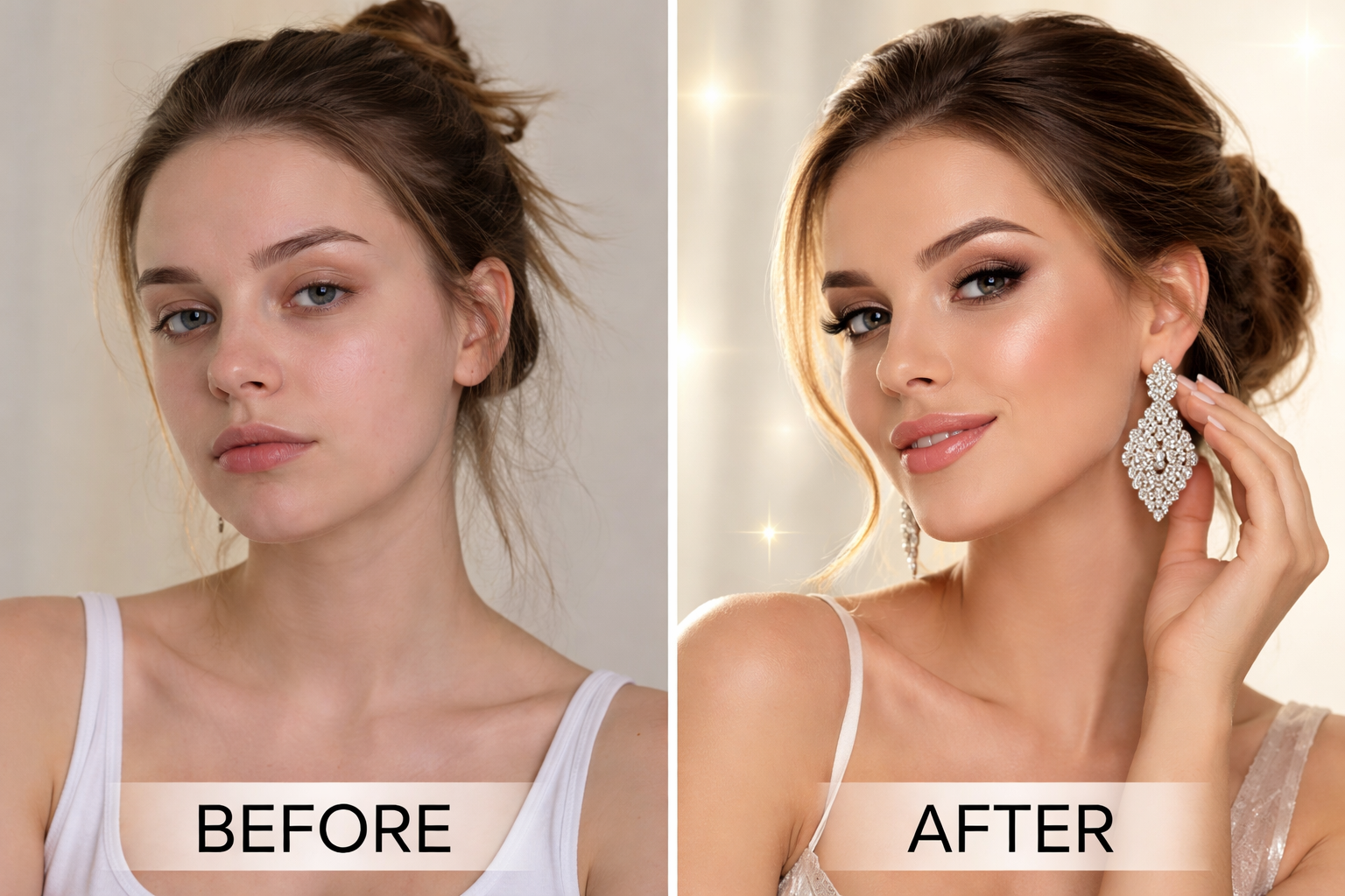 Before and after comparison of a woman wearing earrings with a plain background.