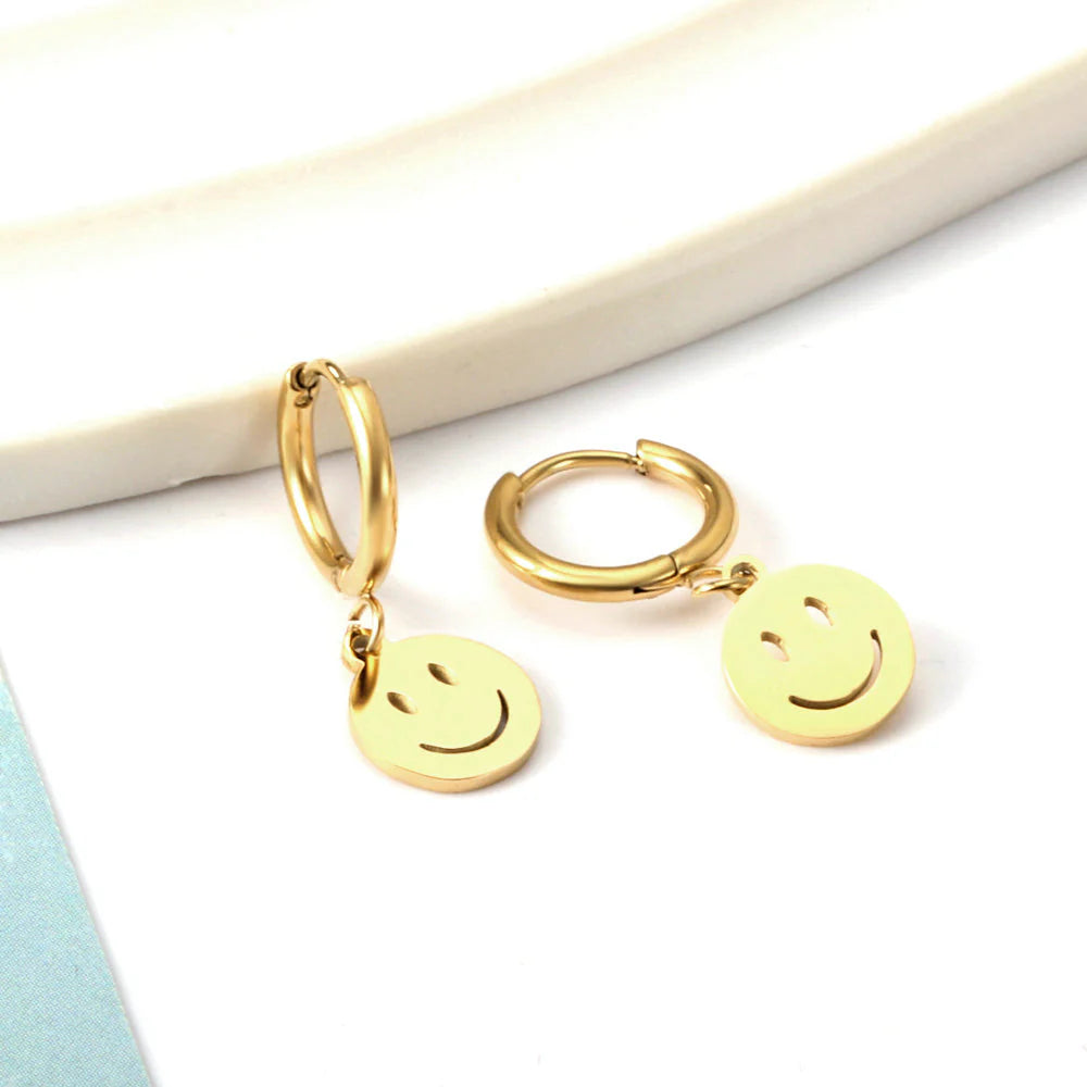 Smiley Face Huggie Hoop Earrings 18K Gold Plated