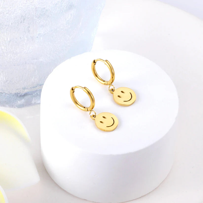 Smiley Face Huggie Hoop Earrings 18K Gold Plated