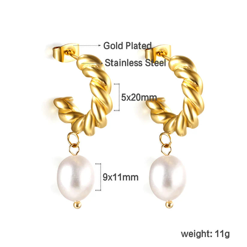 18K Gold Plated Twisted Hoop Earrings with Baroque Pearl Drop