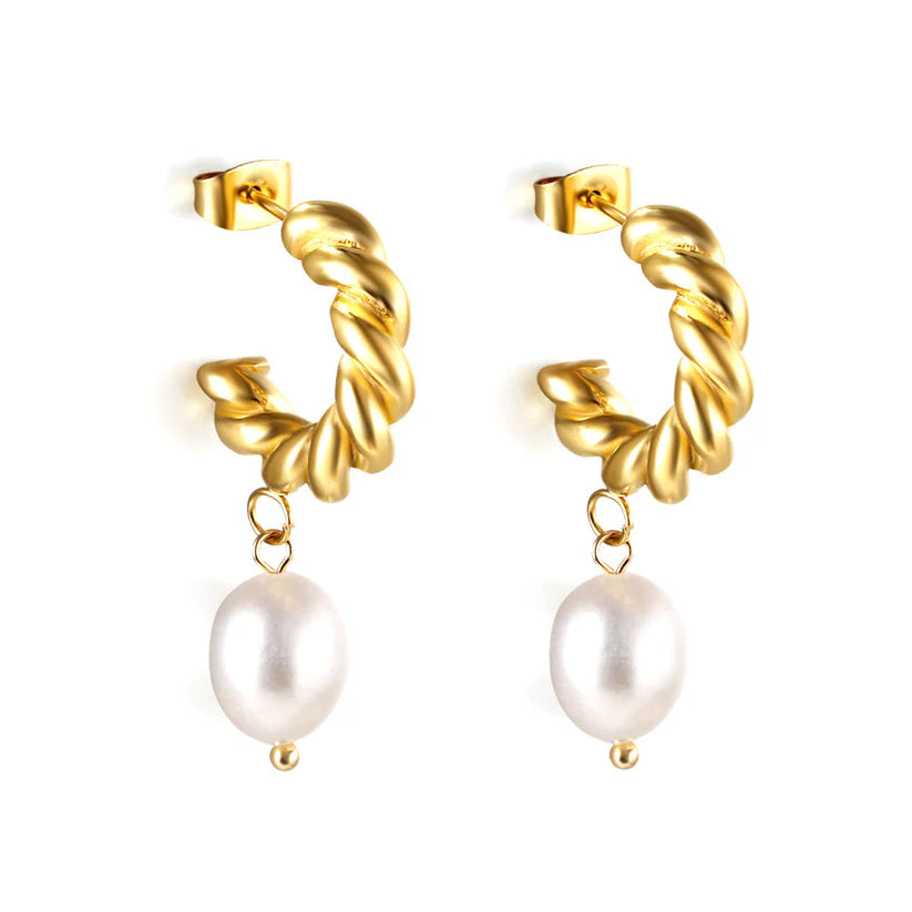 18K Gold Plated Twisted Hoop Earrings with Baroque Pearl Drop