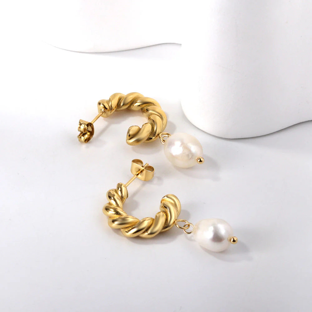 18K Gold Plated Twisted Hoop Earrings with Baroque Pearl Drop