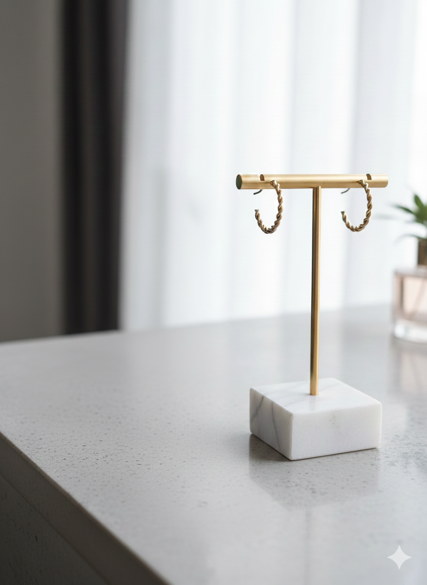 Gold T-bar earring stand on a white marble base on a light gray surface.