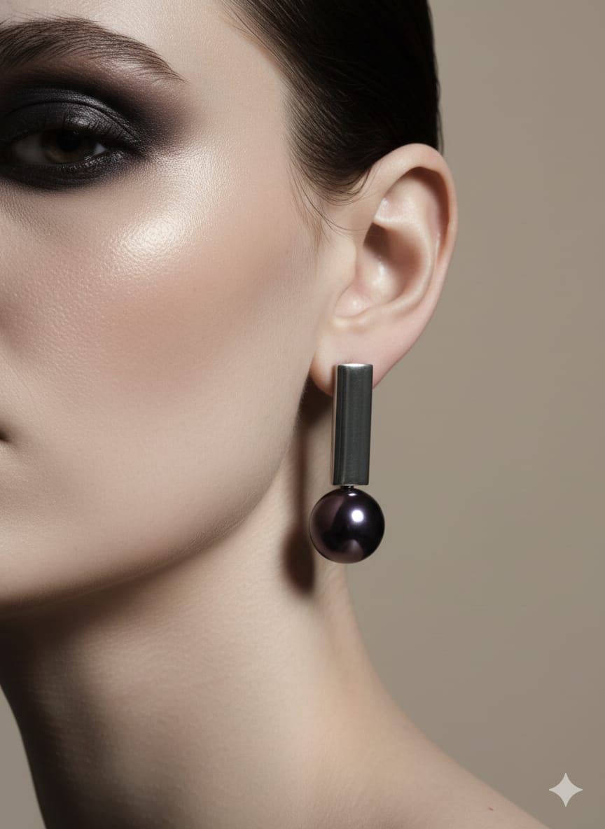 Close-up of a woman wearing a black pearl earring with a beige background
