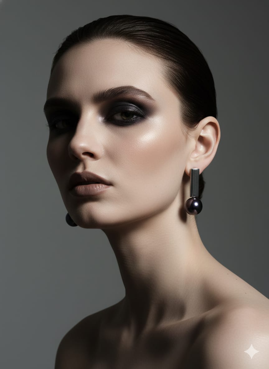 Woman wearing dark earrings against a gray background