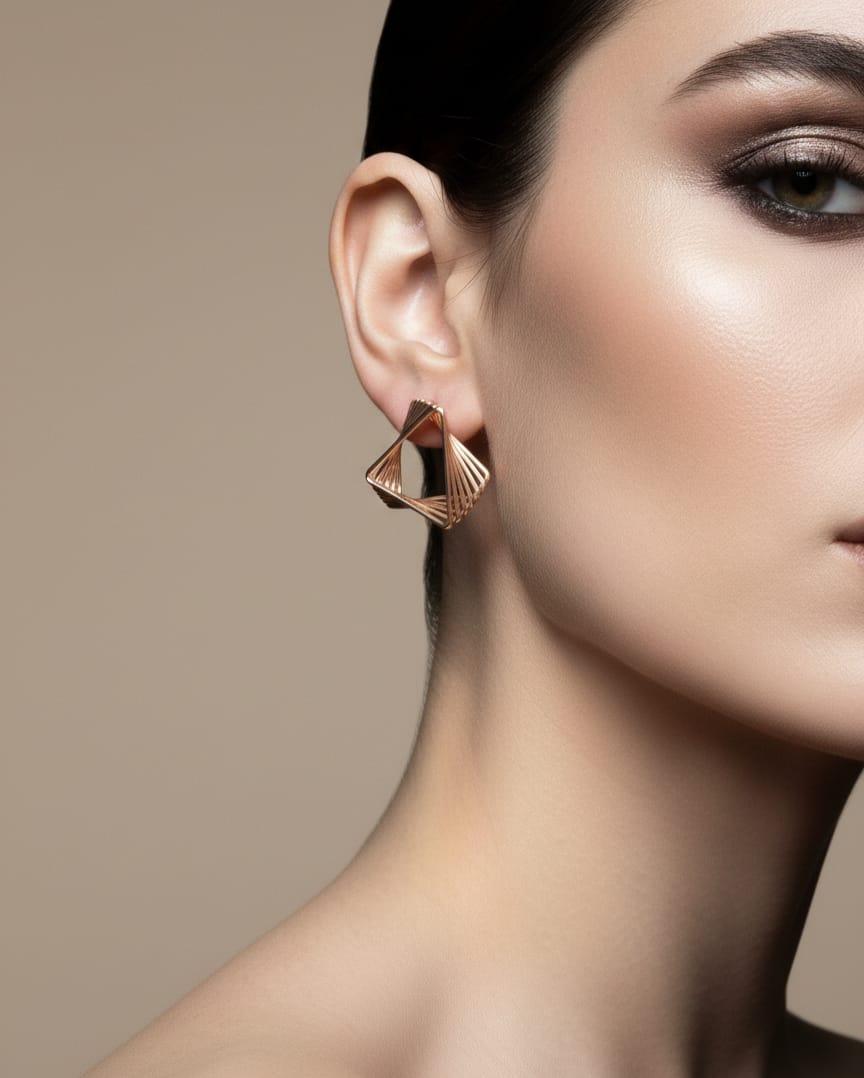 Close-up of a woman wearing a gold triangle earring against a neutral background