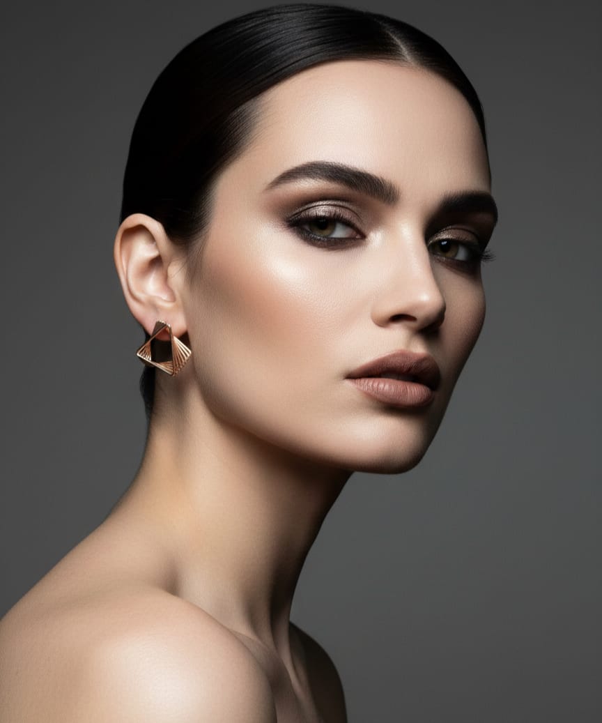 Woman wearing gold earrings against a dark background