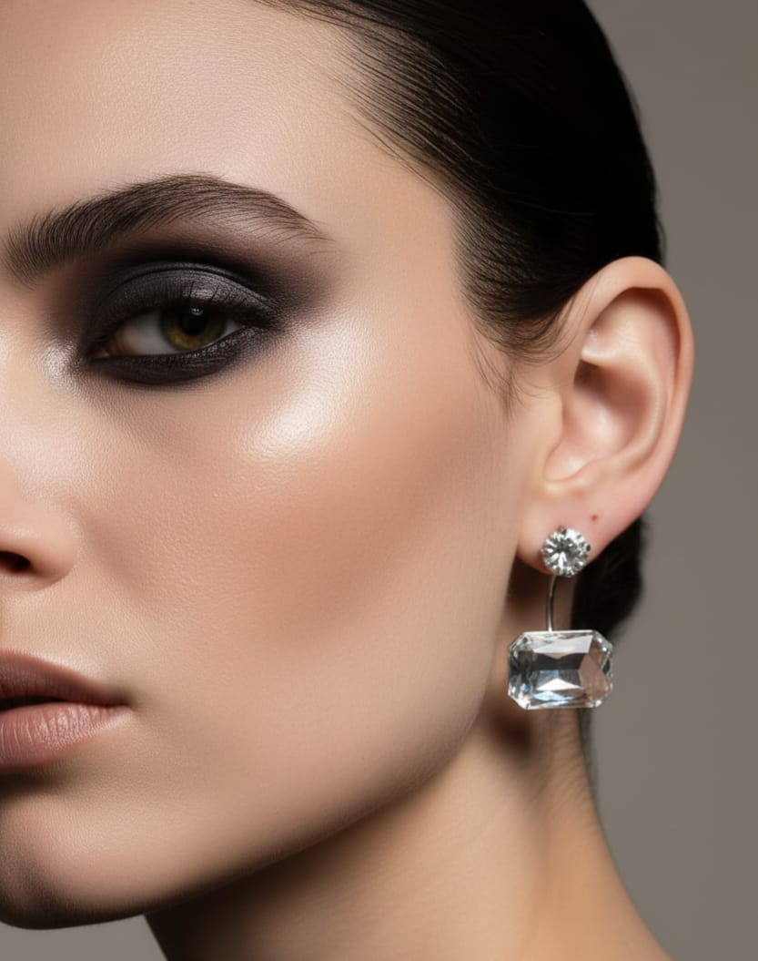 Close-up of a woman's face wearing a diamond earring against a neutral background