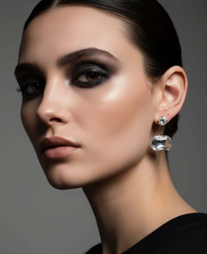 Close-up of a woman wearing elegant earrings against a gray background