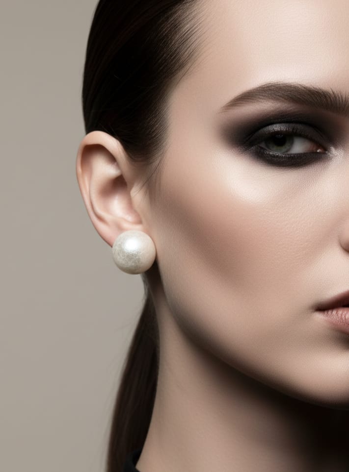Close-up of a woman wearing pearl earrings with a neutral background