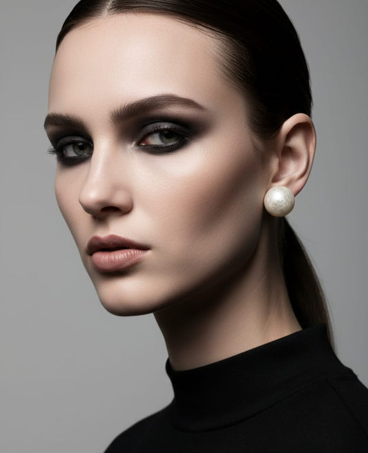 Close-up of a woman wearing pearl earrings against a gray background