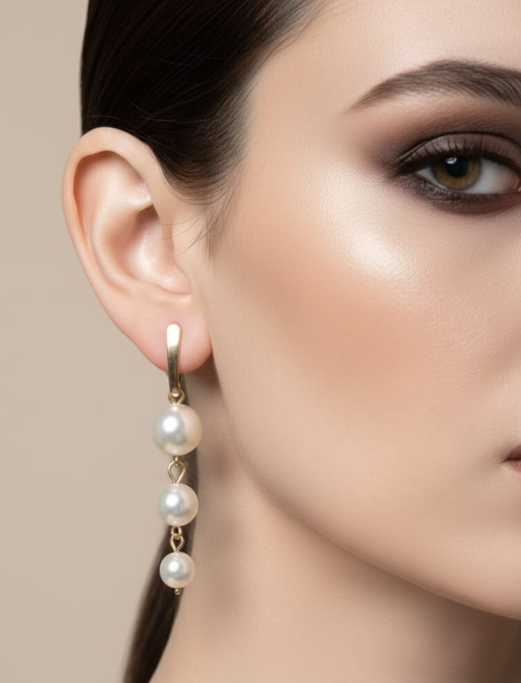 Pearl earrings worn by a model with a neutral background