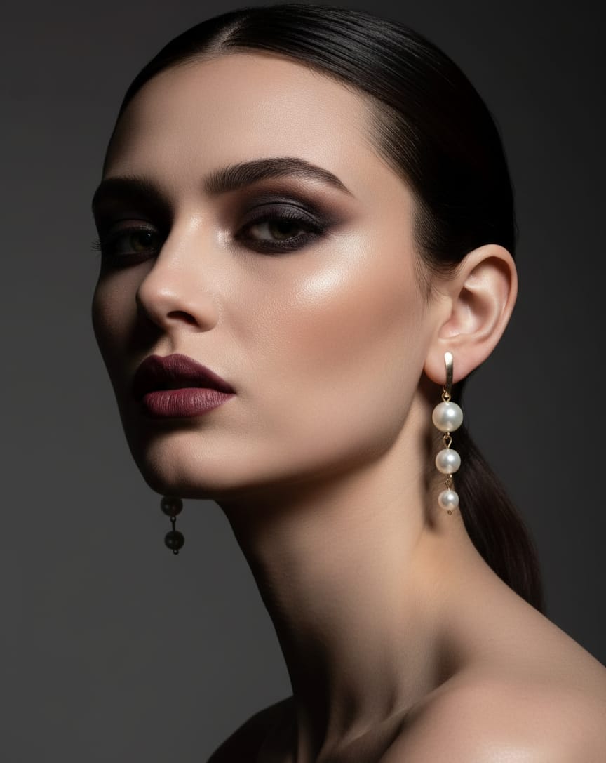 Woman wearing pearl earrings against a dark background