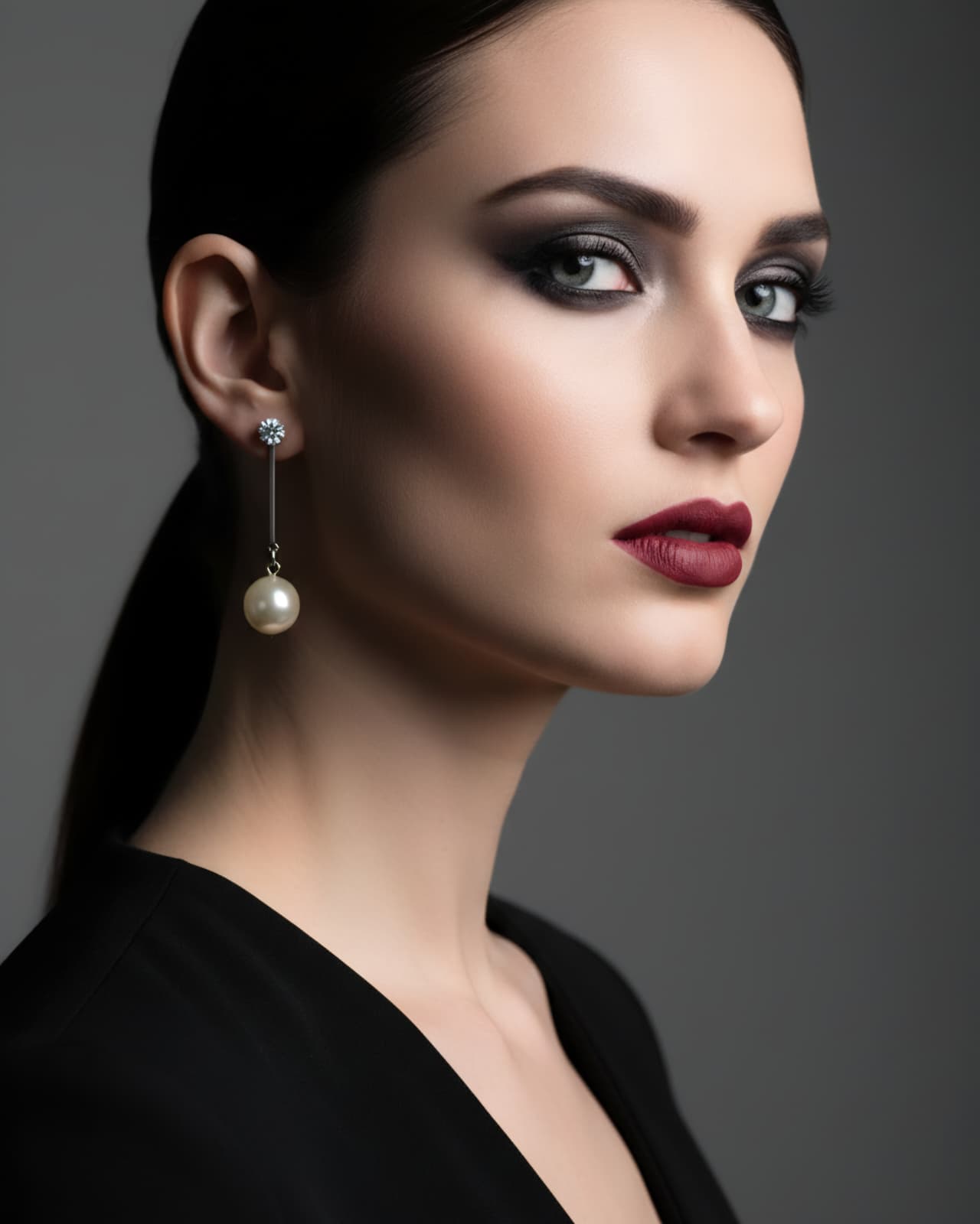 Woman wearing a pearl earring against a dark background