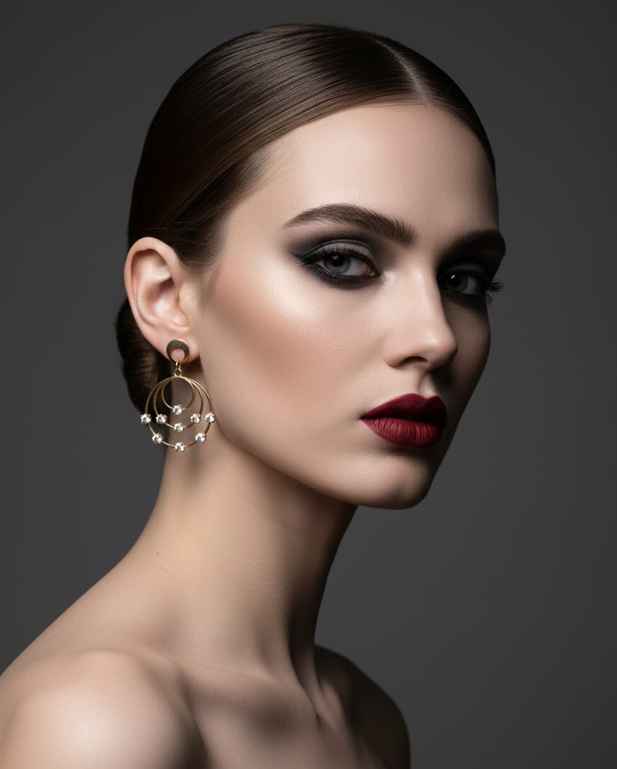 Woman with dark hair and red lipstick wearing gold earrings against a gray background