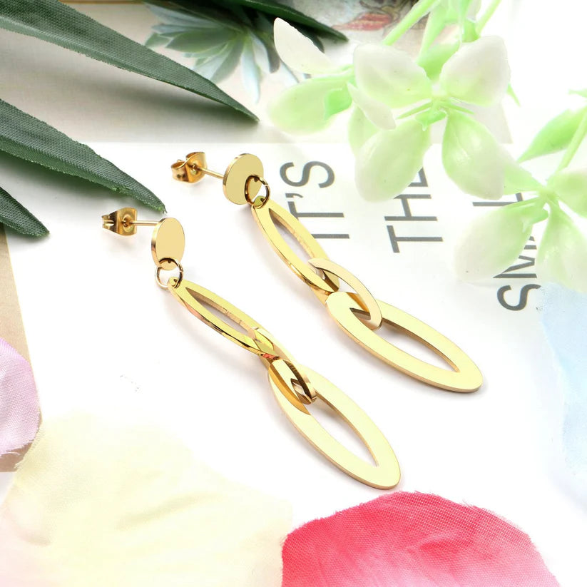 Triple Link Geometric Drop Earrings – 18K Gold Plated