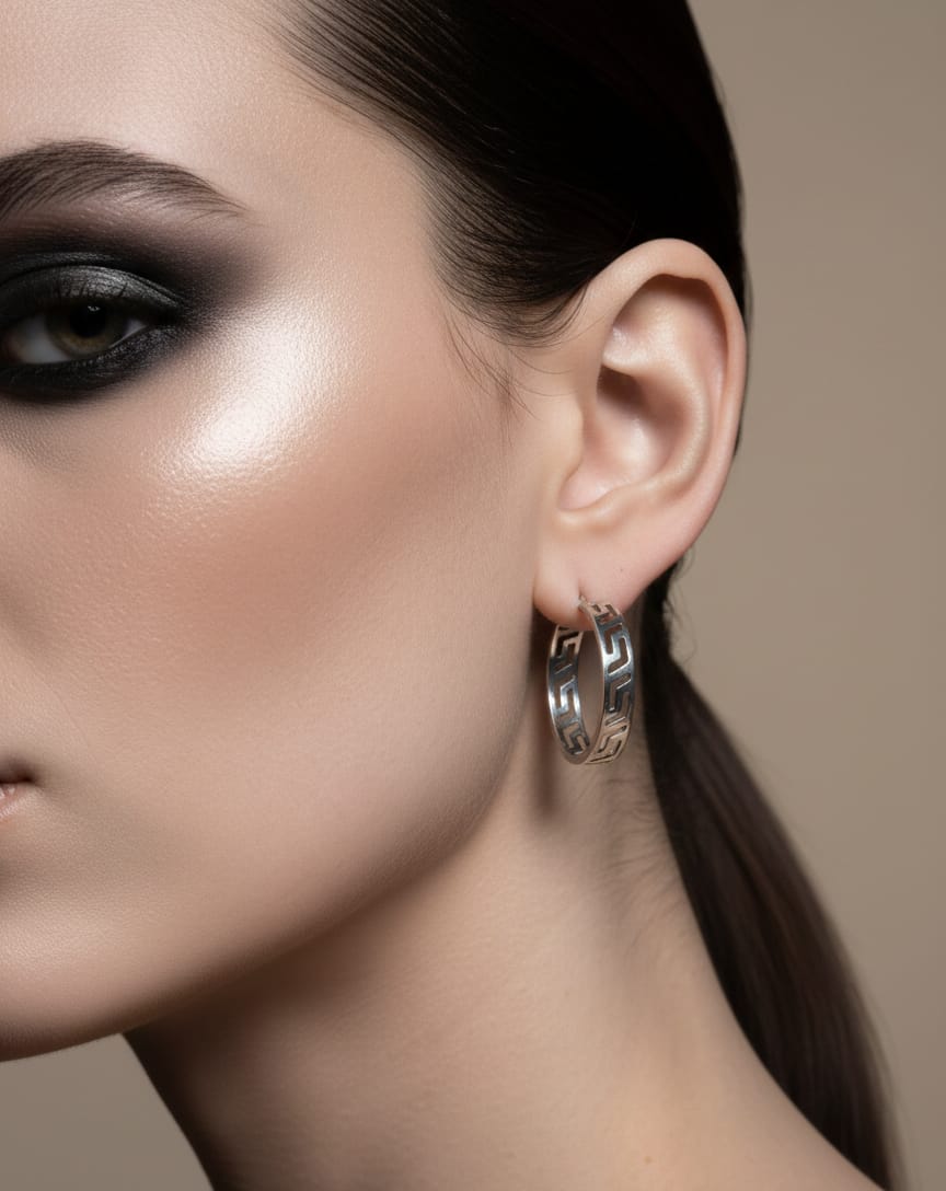 Close-up of a woman's ear wearing a silver hoop earring with a neutral background