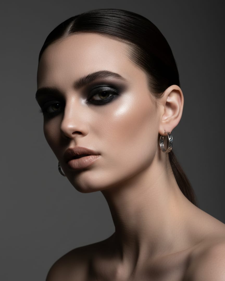 Close-up of a woman with dramatic makeup and hoop earrings against a dark background